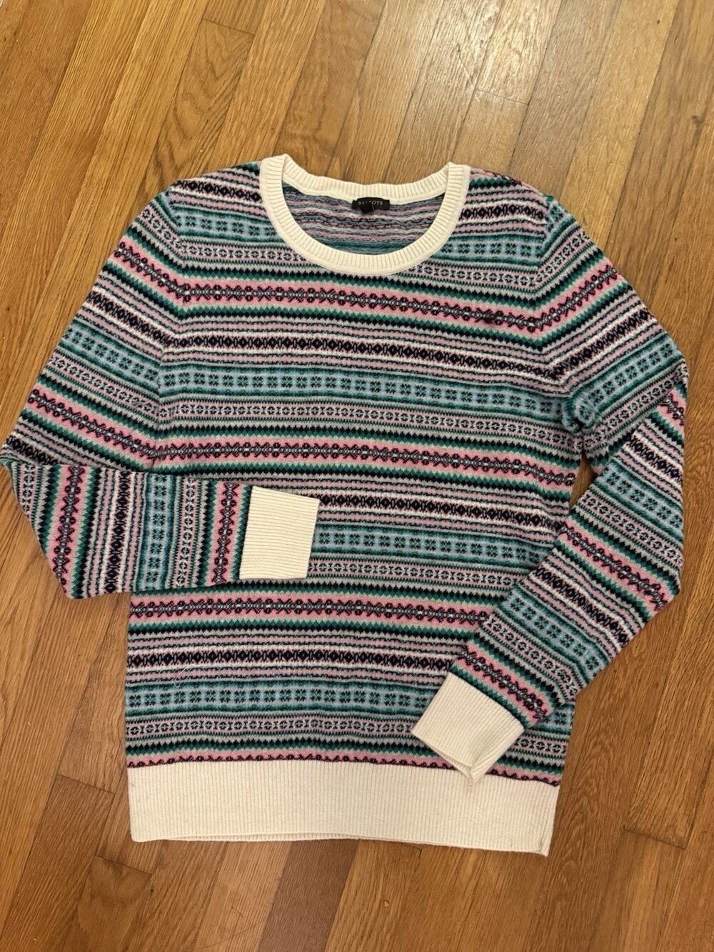 Talbots Nordic Stripe Long Sleeve Crew Neck Pullover Sweater Green Pink Small